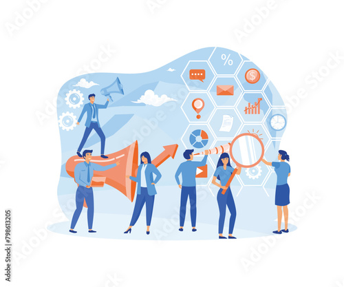 Advertising people concept. Communication announcement by megaphone, business digital advertisement design. Man woman character announce promotion. flat vector modern illustration