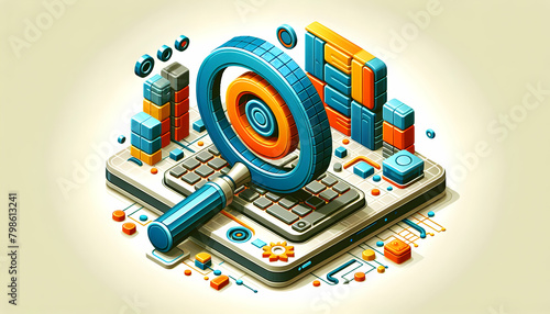 Isometric 3D Icon with Technological Texture: Magnifying Glass Exploring Advancements