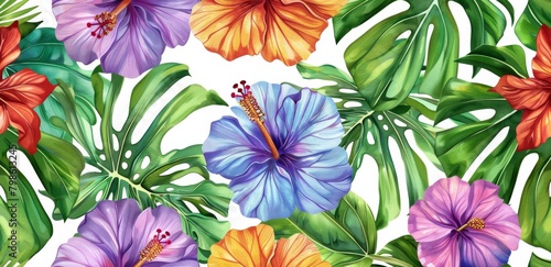 Tropical flower pattern  watercolor illustration on a white background