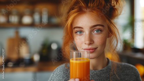 Athletic young red haired woman in the kitchen drinks a glass of fruit centrifuged juice.