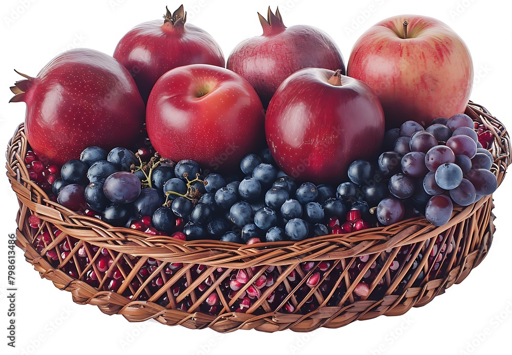A basket of red apples, black grapes and pomegranates on white background. A basket of red apples, black grapes and pomegranates on white background.