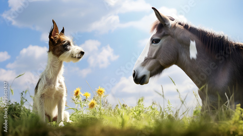 a donkey and a dog in a field with flowers Nature Beauty on a blue sky background 