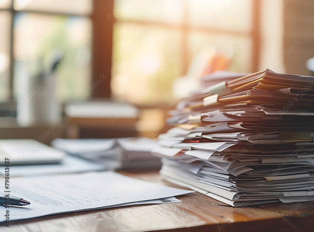 A stack of papers on an office desk, with a blurred background showing the busy work environment A stack of papers on an office desk, with a blurred background showing the busy work environment