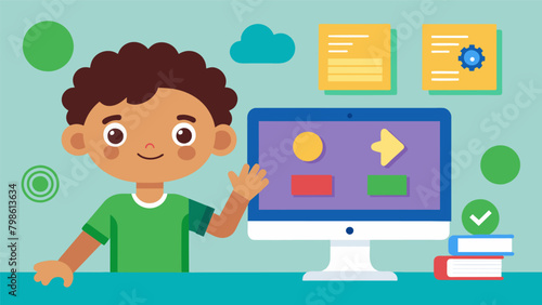 An interactive computer program that teaches children about nonverbal cues through games and activities.. Vector illustration