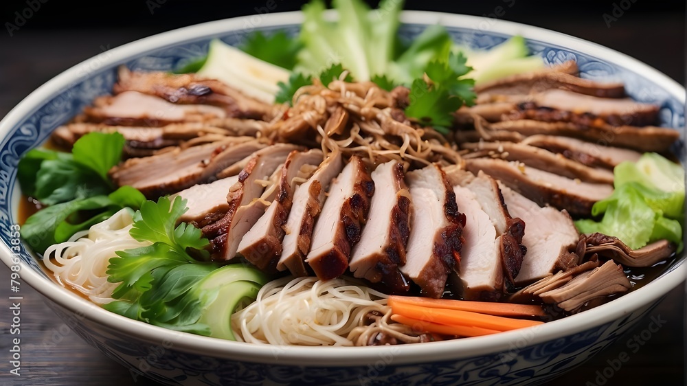 thai food pork, a close-up of a bowl of roasted duck noodles that highlights the delicious duck slices