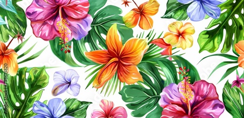 Tropical flower pattern  watercolor illustration on a white background