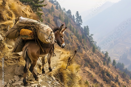 Donkey carrying a heavy load on its back as it navigates a steep mountain path.