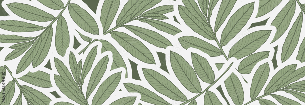 Wide vector botanical background with green branches and leaves. Summer design for wallpaper, covers, posters or banners. Wide vector botanical background with green branches and leaves. Summer design for wallpaper, covers, posters or banners.