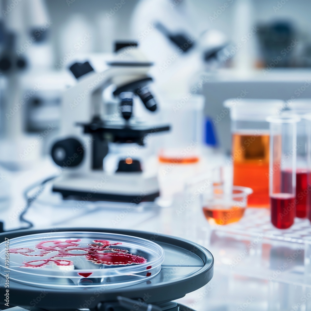 Close-up of a petri dish containing a genetically engineered bioweapon, microscope and other lab equipment in the background, focus on biohazard Close-up of a petri dish containing a genetically engineered bioweapon, microscope and other lab equipment in the background, focus on biohazard
