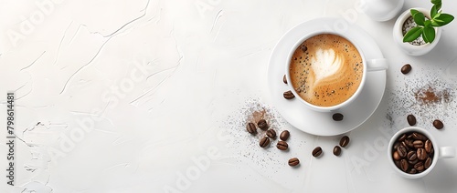 white background with coffee beans and a cup of cappuccino on the right side photo