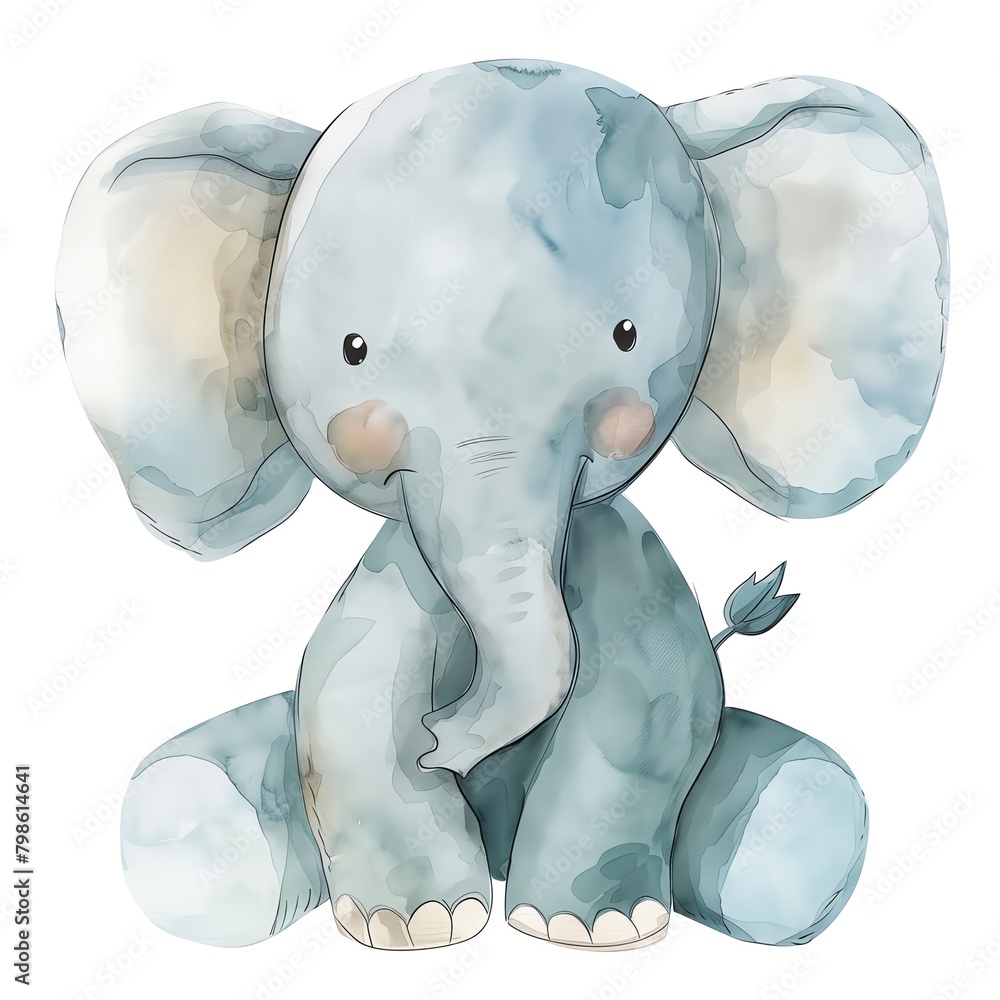 A cute watercolor illustration of a baby elephant sitting down with a shy smile on its face. - obrazy, fototapety, plakaty 