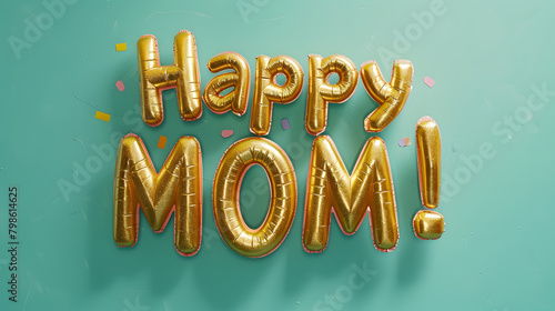 Happy MOM! in golden balloon 3D letters in the modern font on a plain mint green background. Mother's Day concepts. photo