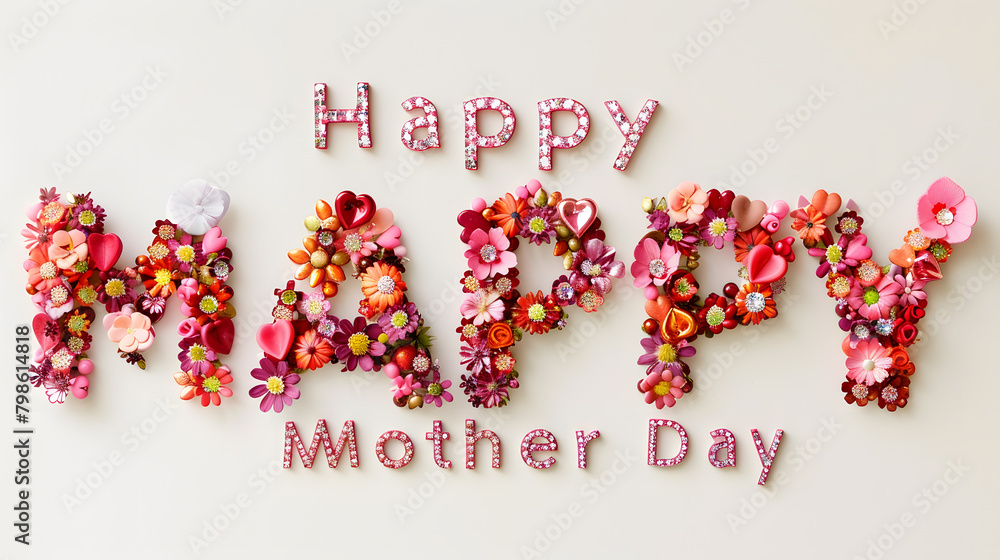 Happy MOM! in pink flower letters in the modern font on a plain white background. Mother's Day concepts.
