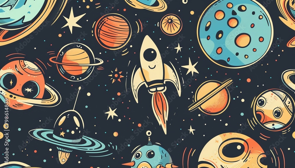 A cartoon space seamless pattern with planets, rockets, stars and aliens. A cartoon space seamless pattern with planets, rockets, stars and aliens.