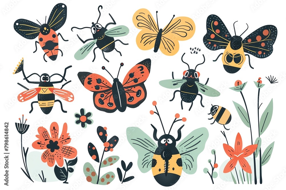 A collection of cute and colorful bugs and flowers.