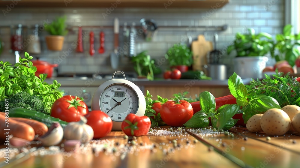 Kitchen and Cooking: A 3D vector illustration of a kitchen timer ticking on a countertop, with vegetables and herbs - obrazy, fototapety, plakaty 