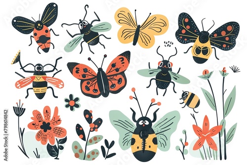 A collection of cute and colorful bugs and flowers.