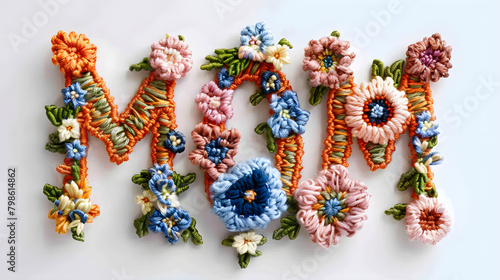 MOM! in flower embroidery letters in the casual font on a plain white background. Mother's Day concepts.