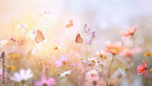 A watercolor painting of butterflies and wildflowers