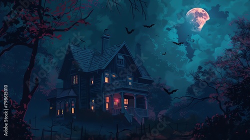 A haunted house with a full moon in the background