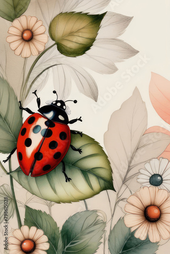 Spring or summer cutest card or poster with hand drawn ladybug on a wildflowers in watercolor style. © elena_hramowa
