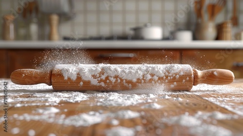 Kitchen and Cooking: A 3D vector illustration of a rolling pin flattening dough on a countertop photo