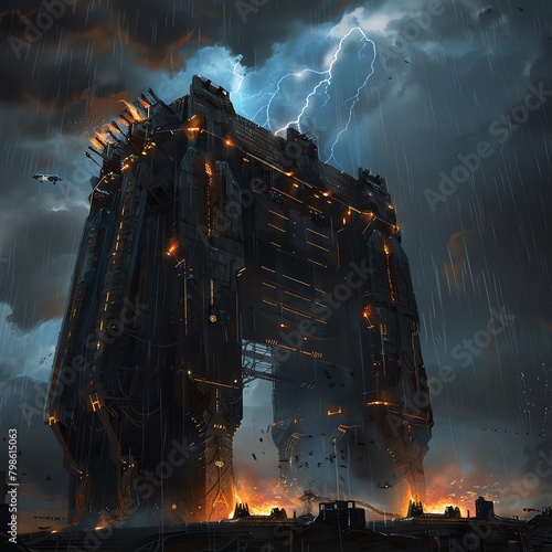 Concept art of a futuristic superweapon in a sci-fi battle scene, massive structure with glowing energy cores, ominous sky backdrop photo