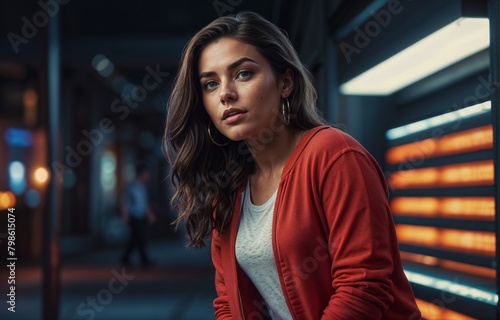 A beautiful young brunette woman in a blank Red T-shirt and jeans posing on the street, mockup design concept