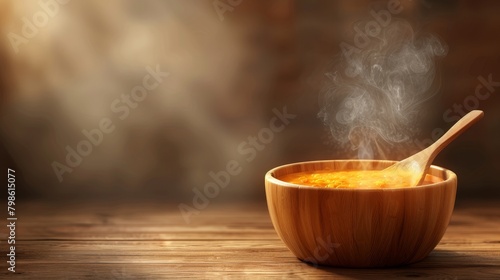 Kitchen and Cooking: A 3D vector illustration of a wooden spoon stirring a pot of soup