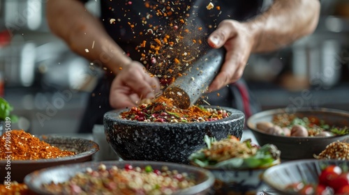 Kitchen and Cooking: A photo of a chef using a mortar and pestle to grind spices photo