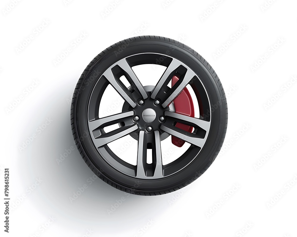  3D render of an aluminum wheel with black rims and white tires on a blank background