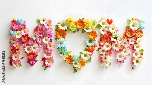 MOM in colorful flower letters in the modern font on a plain white background. Mother's Day concepts.