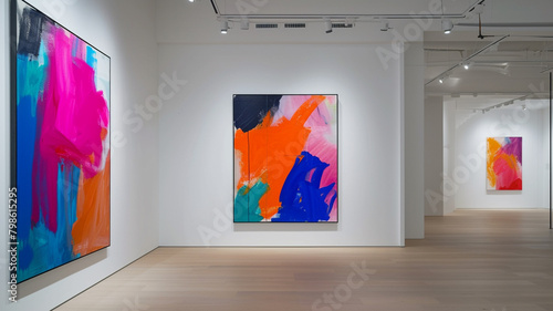 .A photograph of an abstract expressionist painting hanging in a contemporary gallery