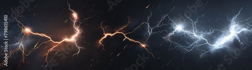 3 lightnings, one orange and the other white on a black background photo