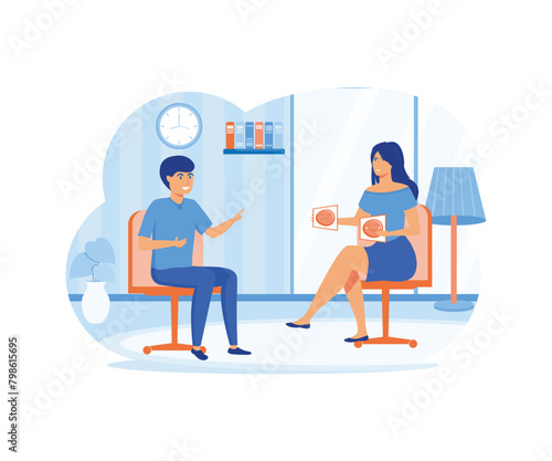 Child psychologist flat concept with woman specialist showing pictures to the boy. flat vector modern illustration