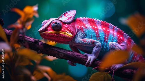 blue chameleon sits on a branch. © Samvel