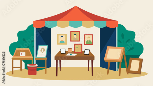 In one corner of the booth a table is set up with old photos and documents encouraging people to bring their own family artifacts to share and. Vector illustration