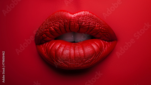 A close-up of red lipstick on a pair of luscious lips against a red background photo