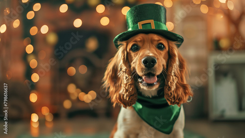 A dog wearing a green bandana and a leprechaun hat, looking adorable and festive