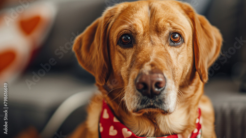 A dog wearing a bandana with hearts on it  looking adorable and ready for Valentine s Day