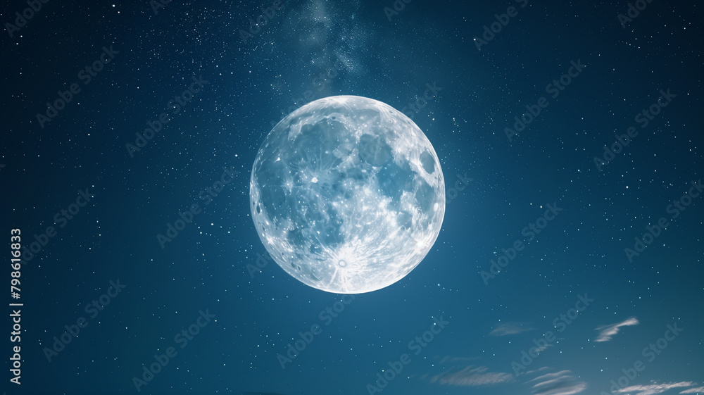 A photorealistic image of a full moon shining brightly in a clear blue night sky