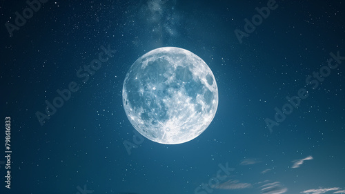 A photorealistic image of a full moon shining brightly in a clear blue night sky