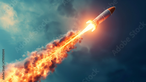 A photorealistic image of a rocket launching into space with a fiery trail against a blue sky