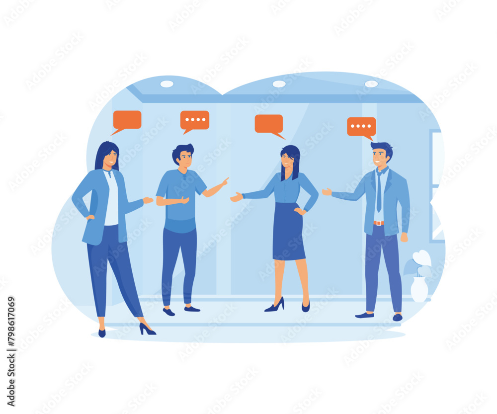 Discussion, team communication conversation, coworker chat, opinion concept, business team coworkers discussing work in meeting with speech bubbles. flat vector modern illustration