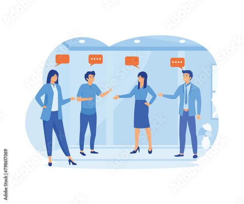 Discussion, team communication conversation, coworker chat, opinion concept, business team coworkers discussing work in meeting with speech bubbles. flat vector modern illustration