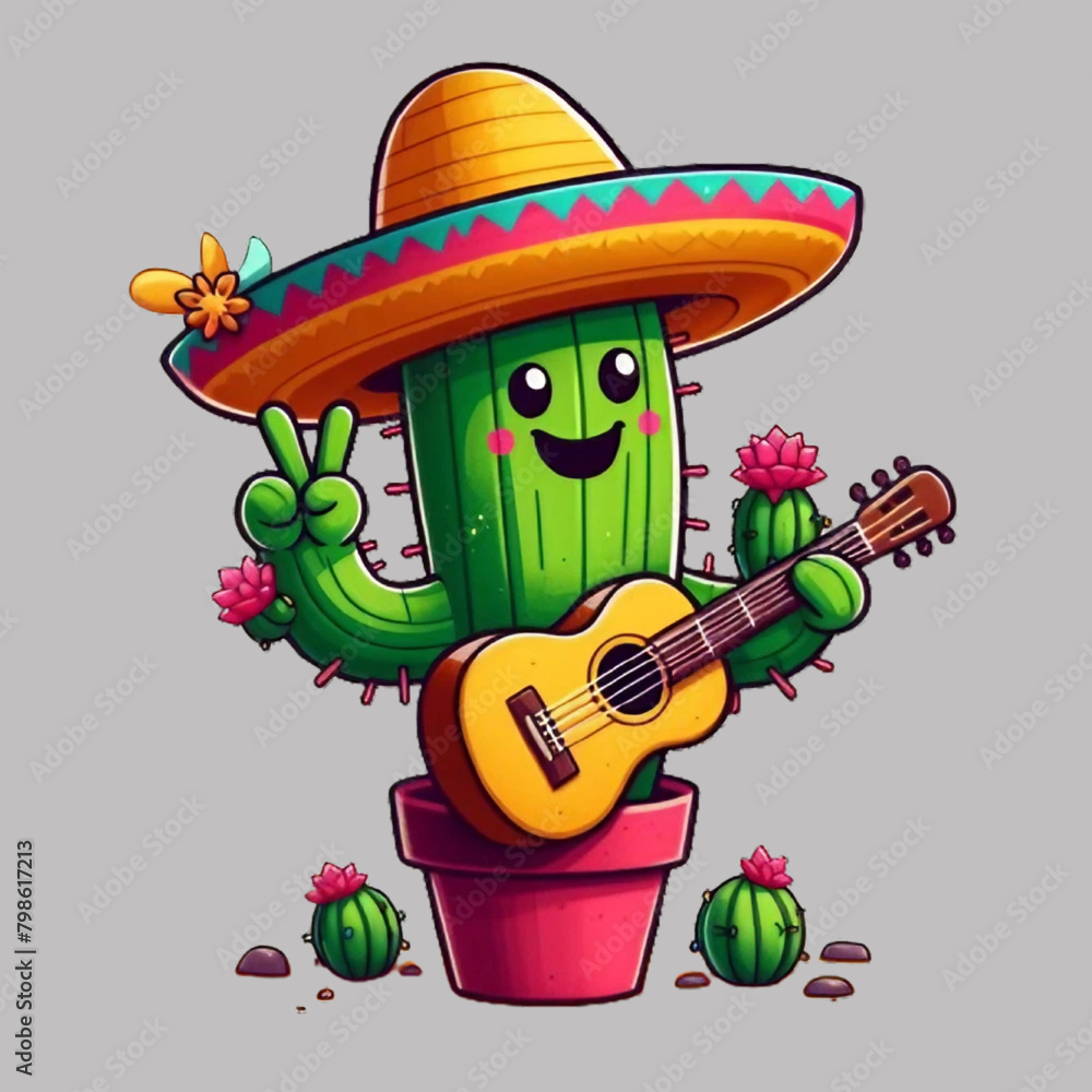 Free Vector Cinco De Mayo Cactus holds a tiny guitar Cute Cartoon Illustration Isolated White Background, generative Ai Free Vector Cinco De Mayo Cactus holds a tiny guitar Cute Cartoon Illustration Isolated White Background, generative Ai