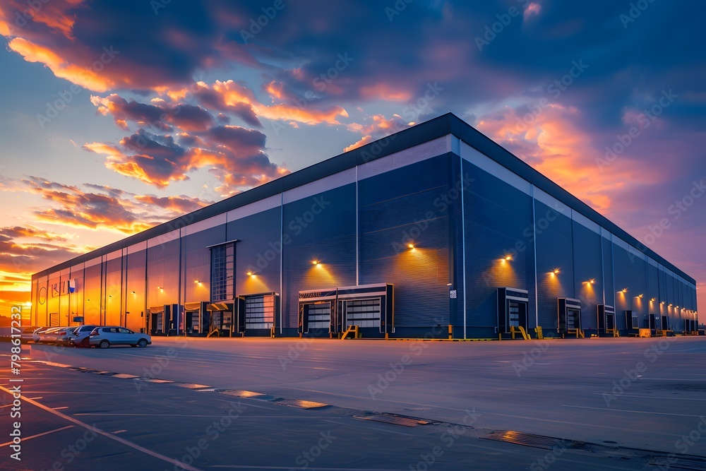 Obraz premium Logistics Management with Modern Warehouse and Parking Lot Against a Sunset Backdrop