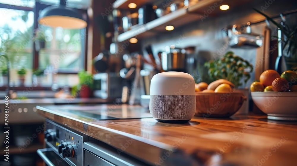 Smart Home Technology: A photo of a smart speaker on a kitchen counter