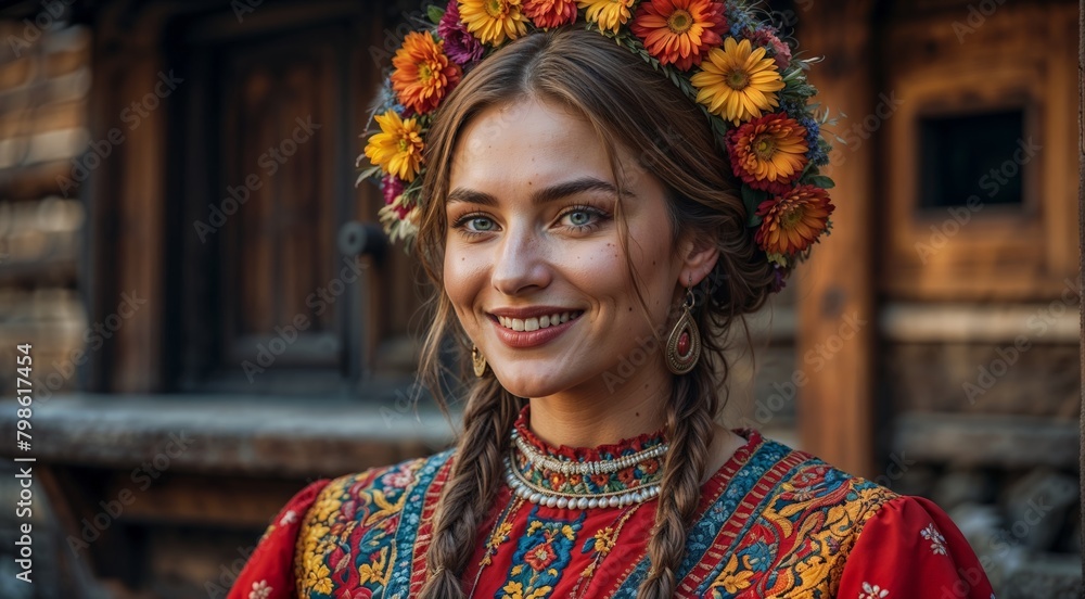 A beautiful young woman in a traditional Russian costume in the village