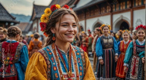 A beautiful young woman in a traditional Russian costume in the village